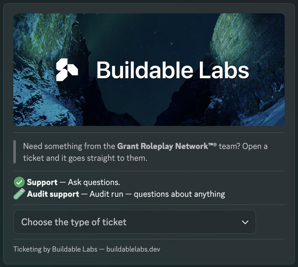 A Ticket Lab panel in Discord: banner, intro, two ticket types with emoji, and the type dropdown