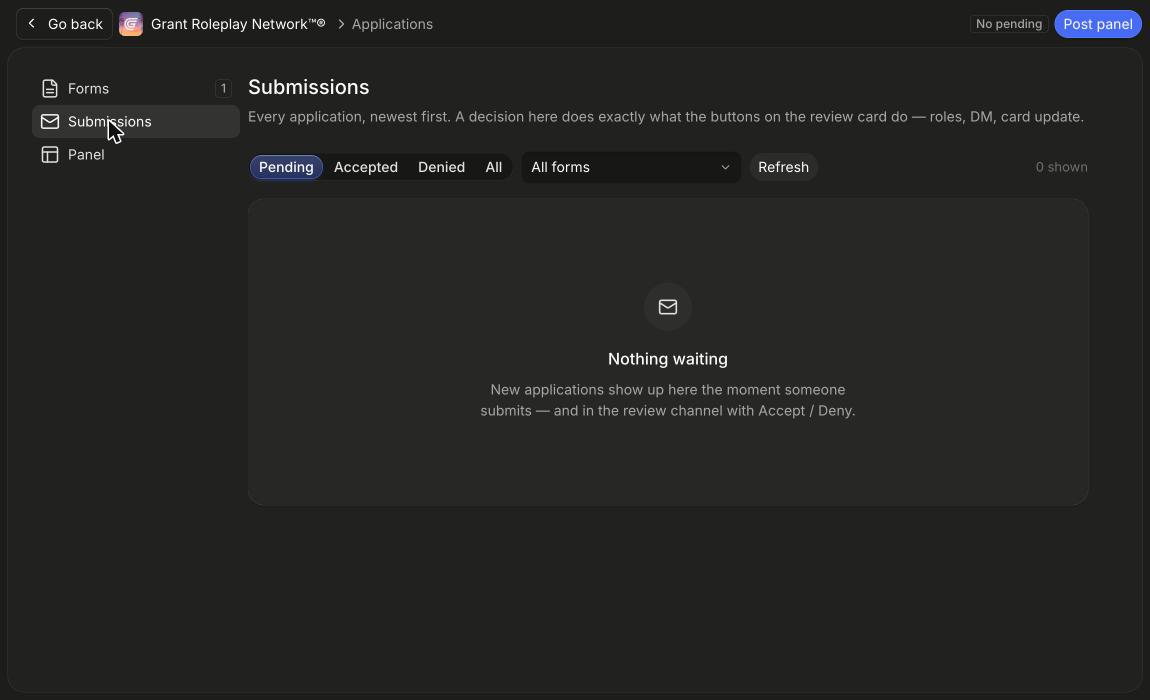 The Submissions page with its outcome filters