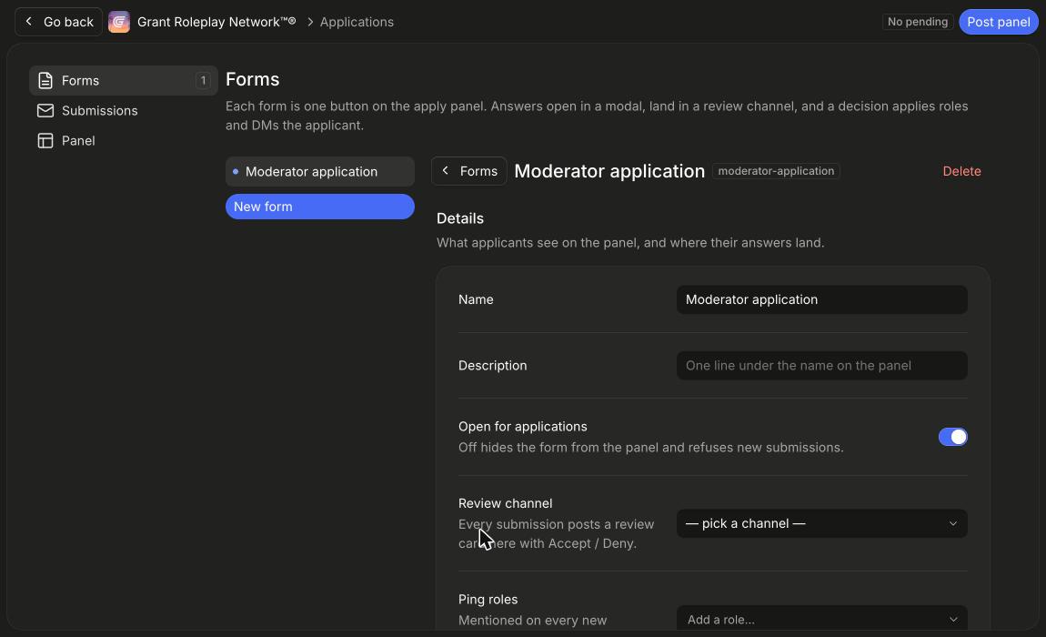 The Applications page on the dashboard, with the form list and the form editor