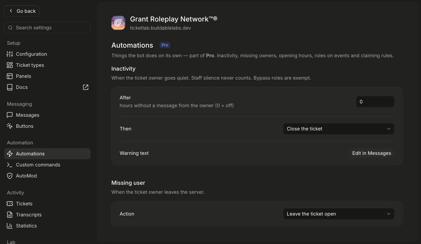 The Automations page on a Pro server