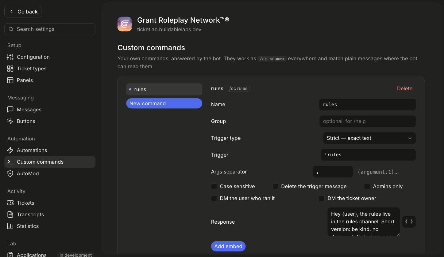 The Custom commands editor