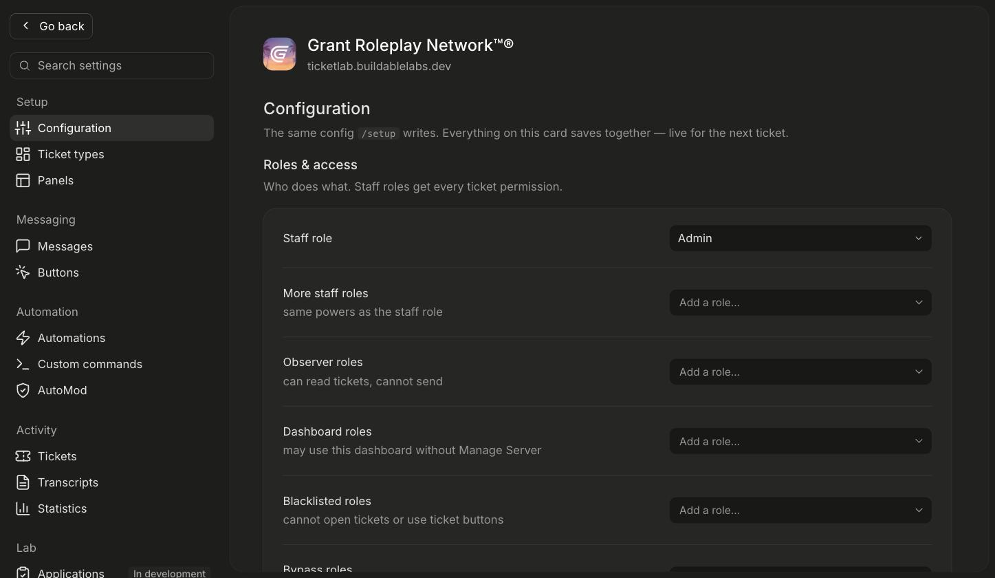 The dashboard workspace on the Configuration page