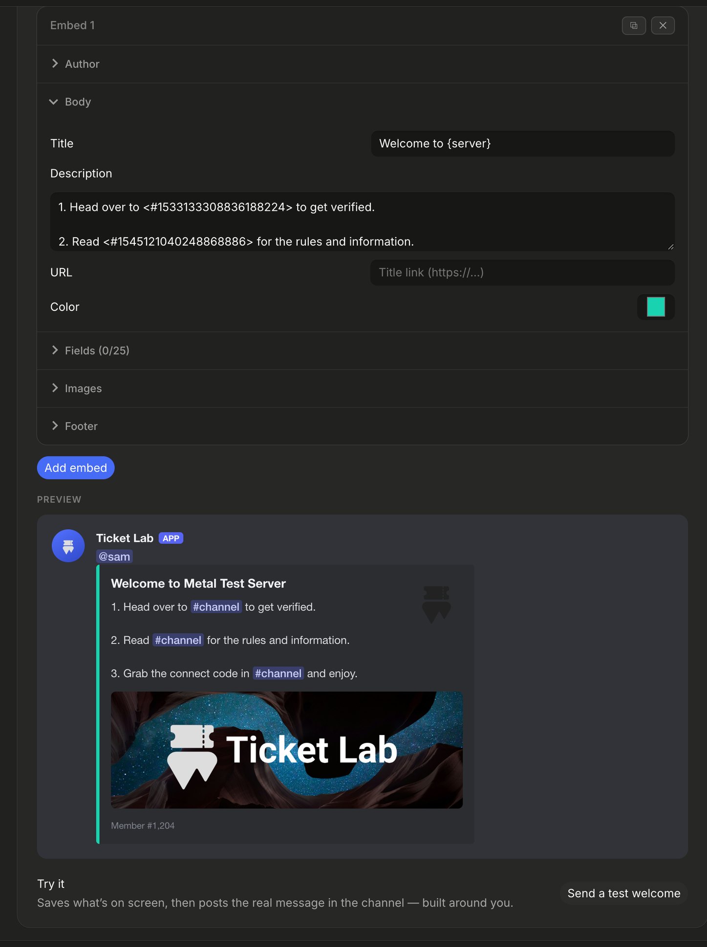 The welcome embed builder with its live preview