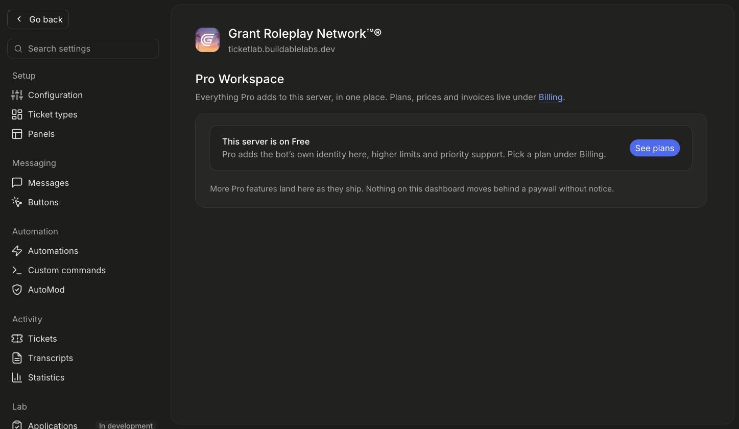 The Pro Workspace page on a Free server