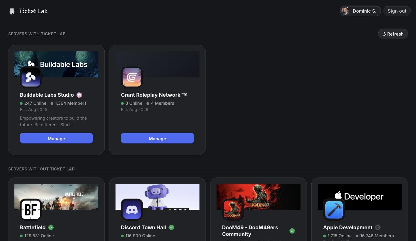 The dashboard server list
