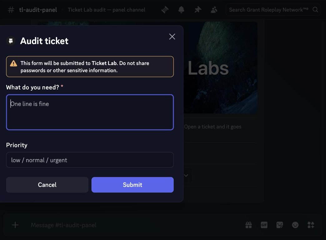 A form modal in Discord before a ticket opens