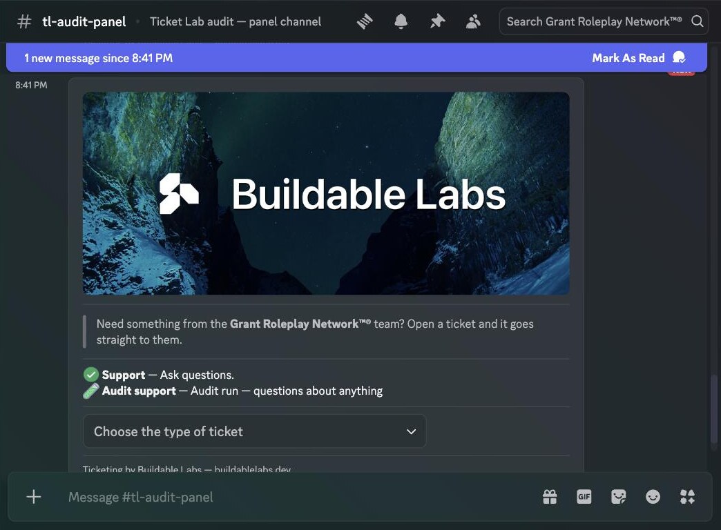 A Ticket Lab panel in Discord with a custom banner