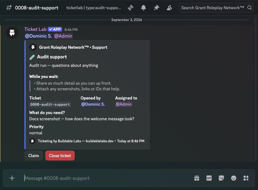 A freshly opened ticket in Discord