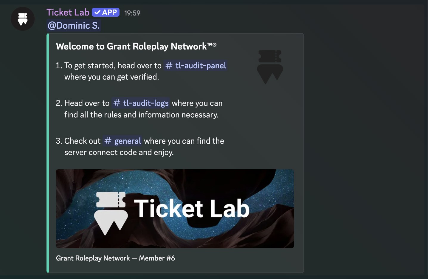 The welcome embed as posted in Discord